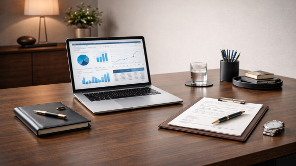 Schreibtisch mit Laptop, Notizbuch, und Auftragsmappe