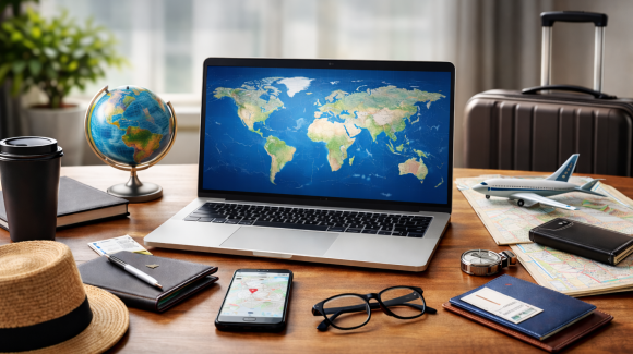 Tisch mit Laptop und Reiseutensilien