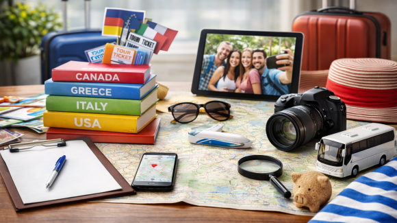 Tisch mit Reiseutensilien